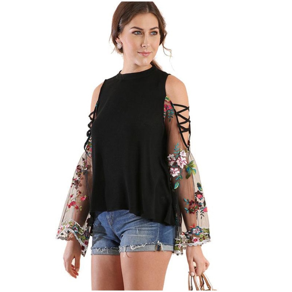 Anjelica Top Black Solid Floral Long Sleeves